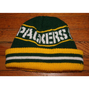 Vintage 90s Green Bay Packers Winter Knit Ski Cap Cuff Beanie Hat Spell Out